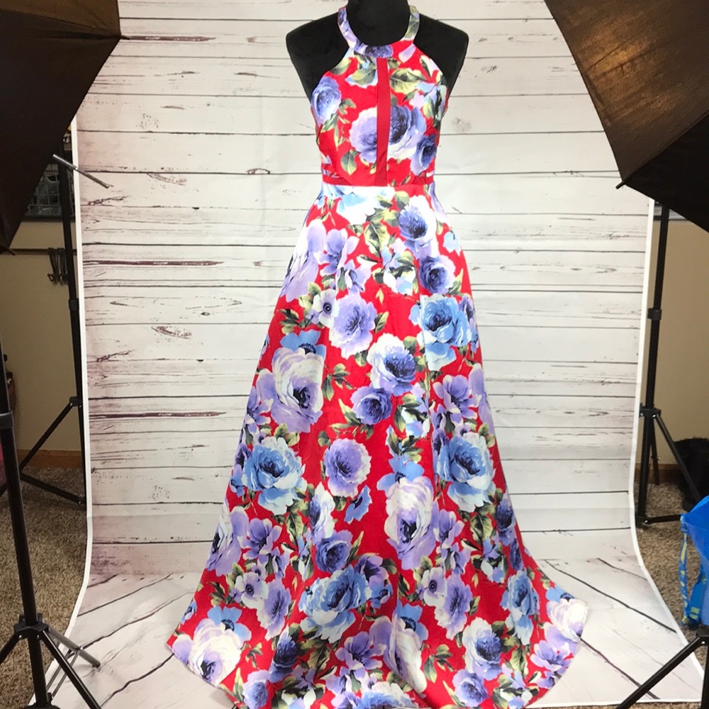 Dear Moon red floral formal A line prom dress